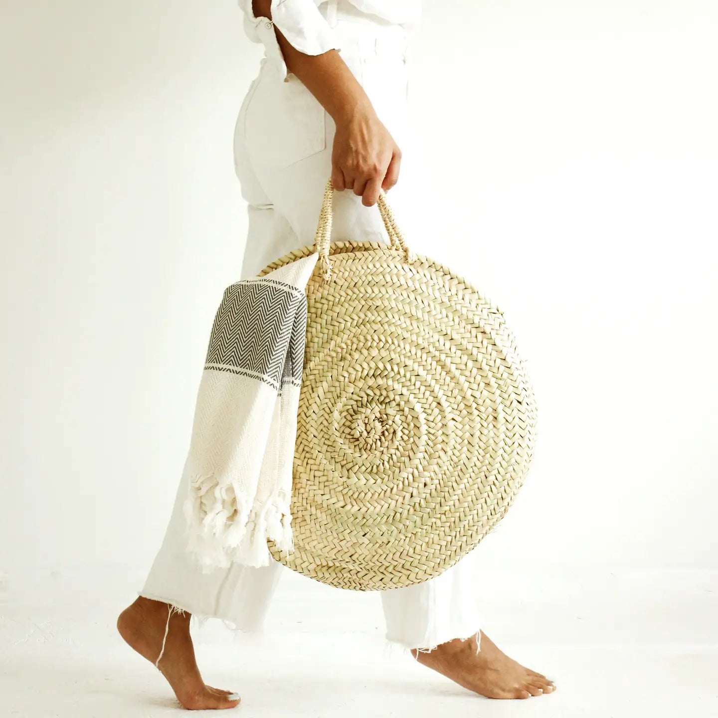 Moroccan Round Basket, Straw Bag with Short Handles