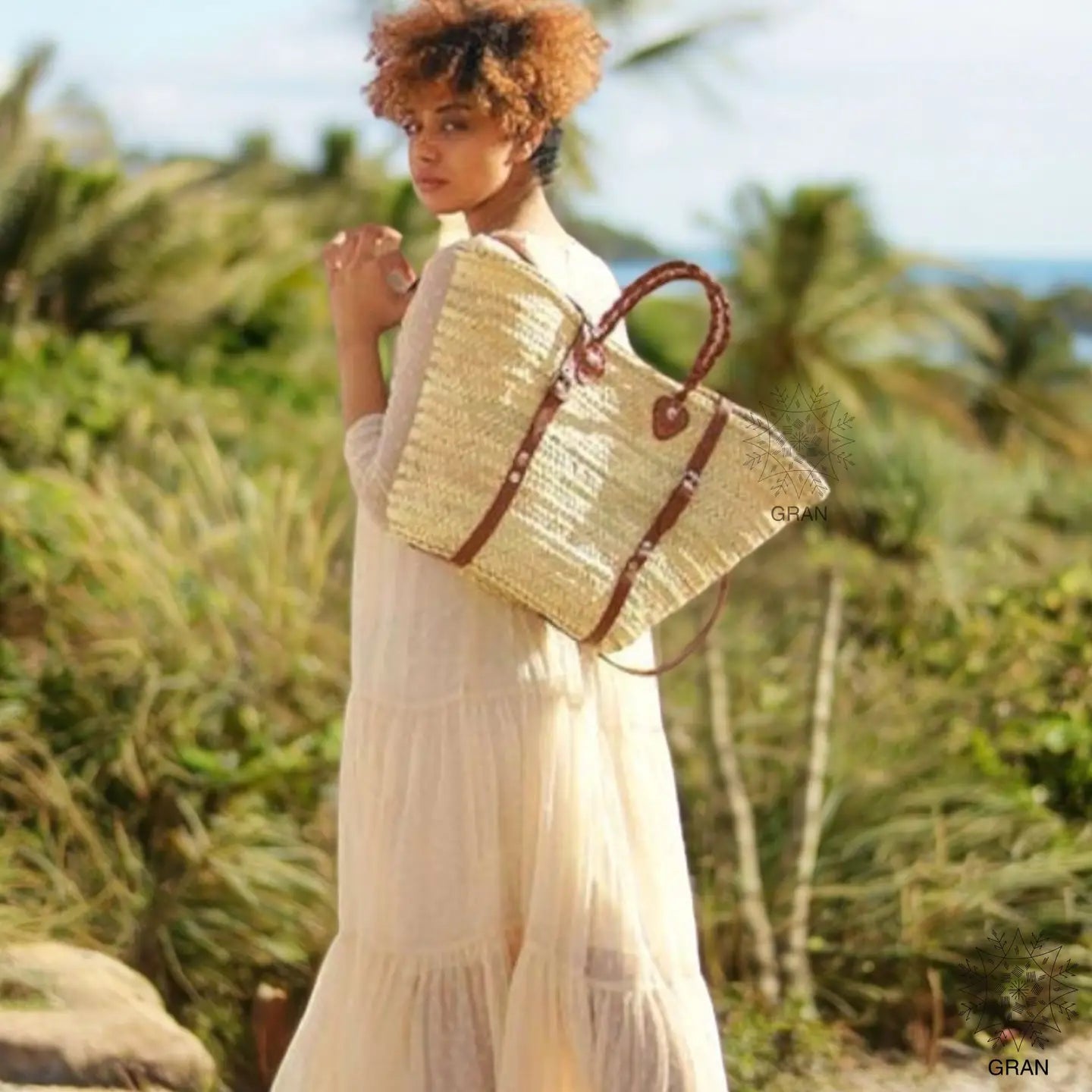 French Market Basket Bag - Backpack with Leather Strap