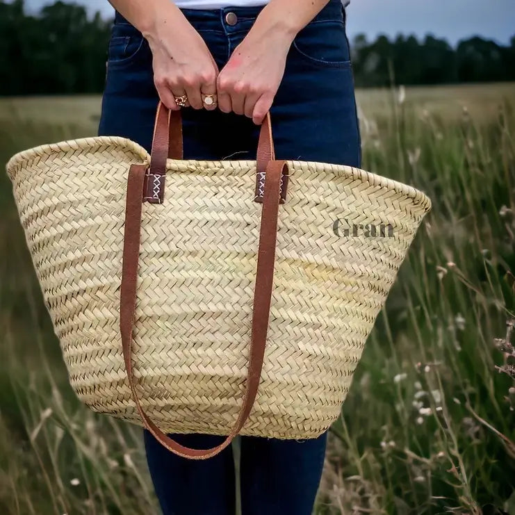 Straw Bag with Leather Handles - French Market Basket Natural
