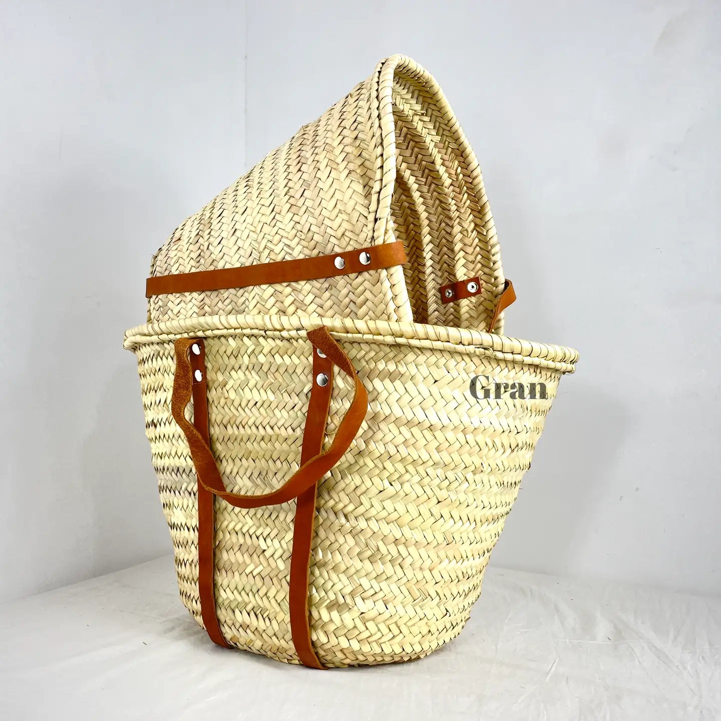 Straw Bag Handmade with Leather, French Market Basket